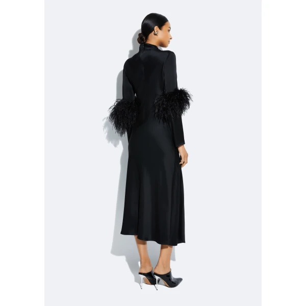 satin draped neck bias dress with feathers