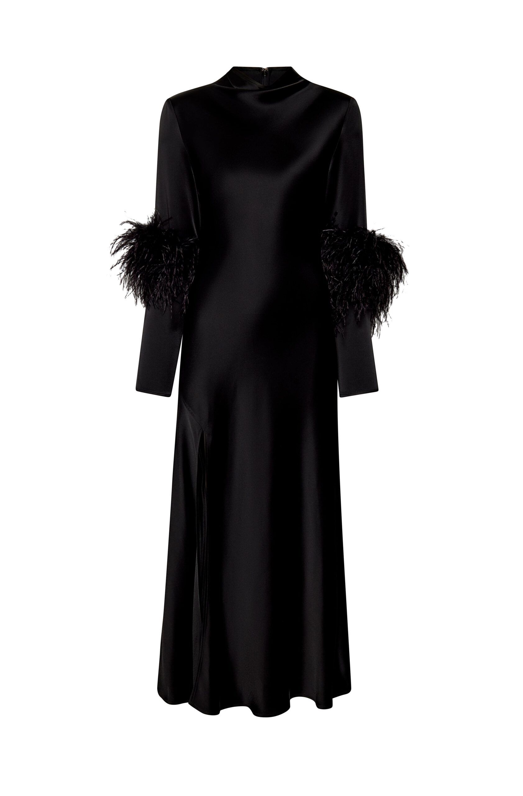 Satin Draped Neck Bias Dress With Feathers in Black