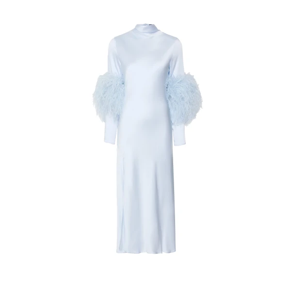 Satin Draped Neck Bias Dress With Feathers in Cloud
