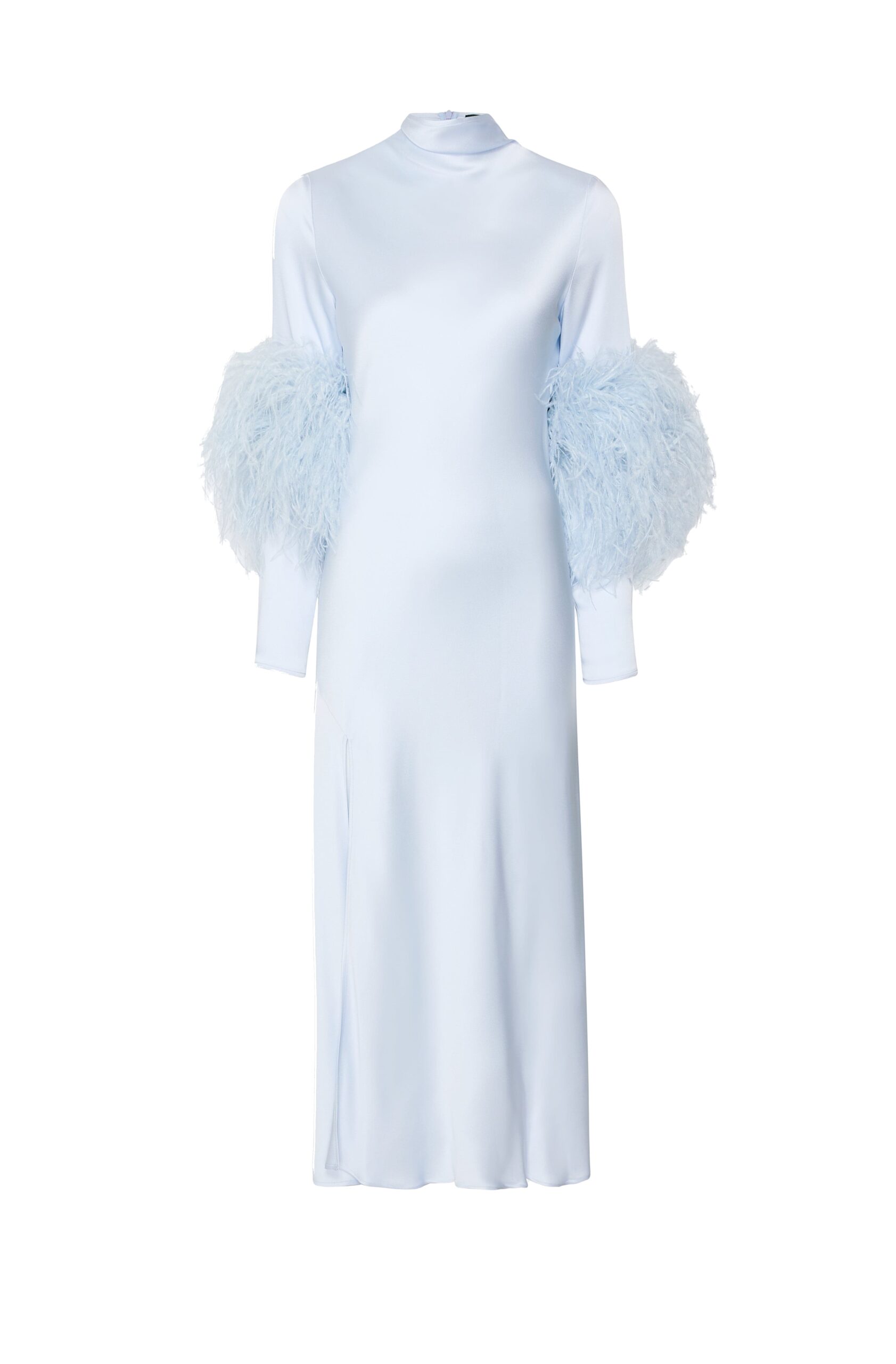 Satin Draped Neck Bias Dress With Feathers in Cloud