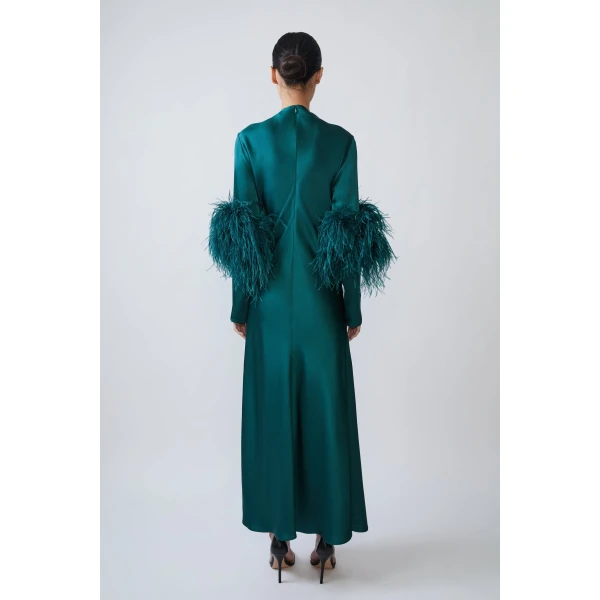 satin draped neck bias dress with feathers