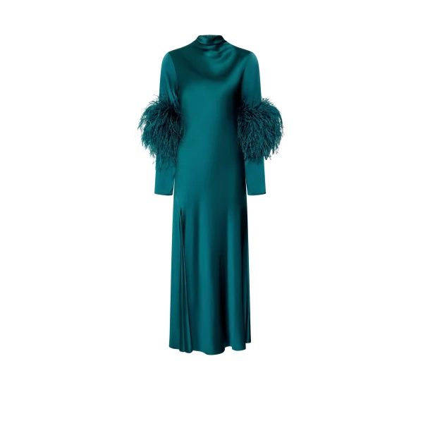 Satin Draped Neck Bias Dress With Feathers in Emerald