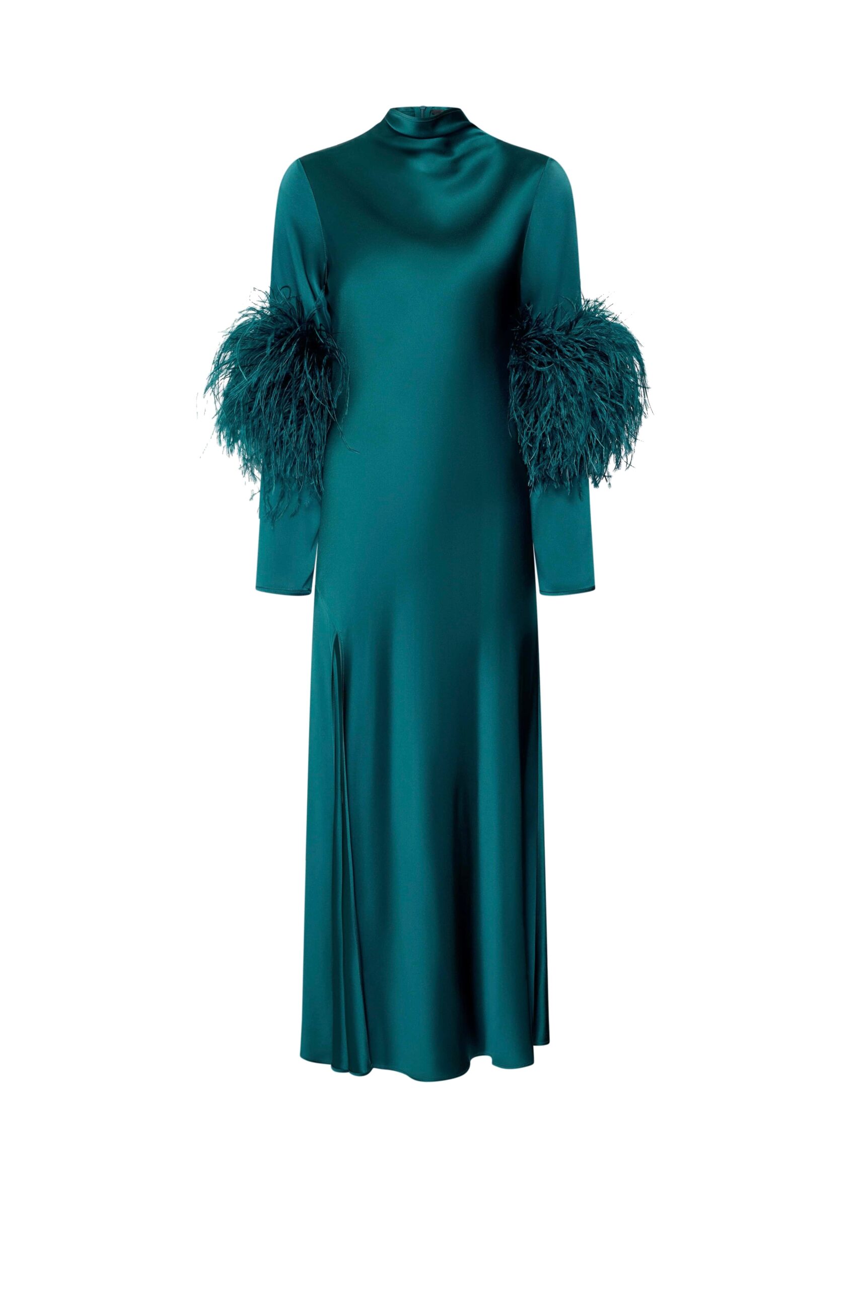 Satin Draped Neck Bias Dress With Feathers in Emerald