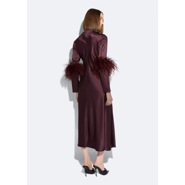 satin draped neck bias dress with feathers
