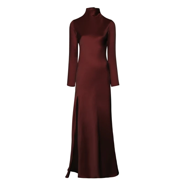 Satin Draped Neck Bias Dress With Slit in Mahogany