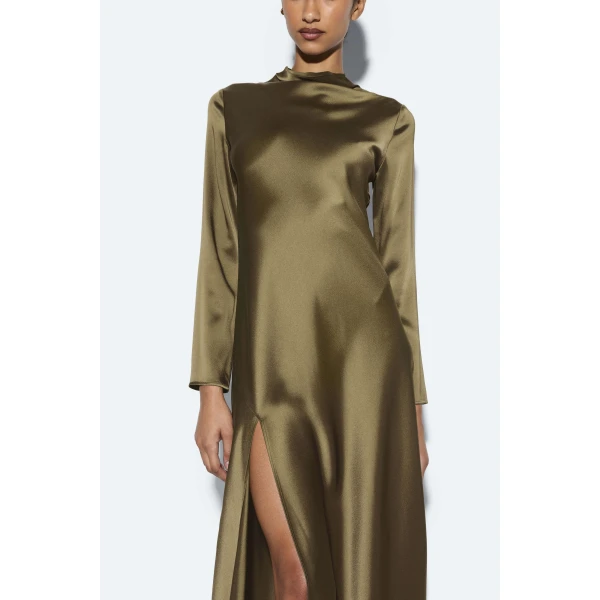 satin draped neck bias dress