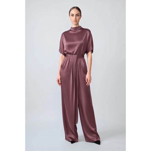 LaPointe Satin Draped Relaxed Pant in Dark Mauve, view 2
