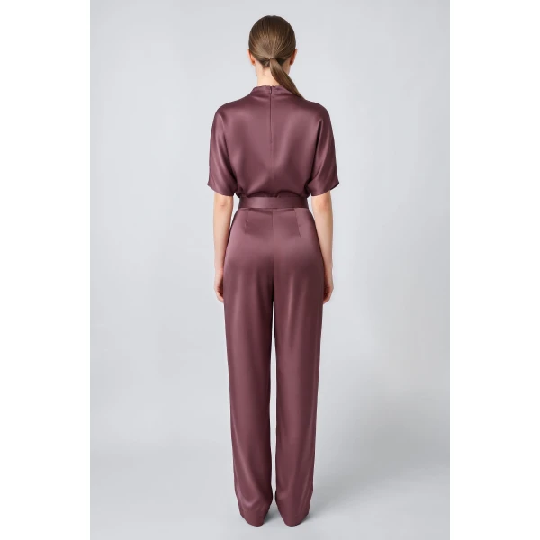 LaPointe Satin Draped Relaxed Pant in Dark Mauve, view 3