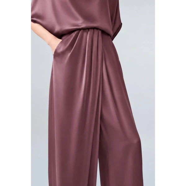 LaPointe Satin Draped Relaxed Pant in Dark Mauve, view 4
