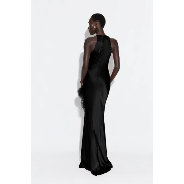 satin halter gown with feathers