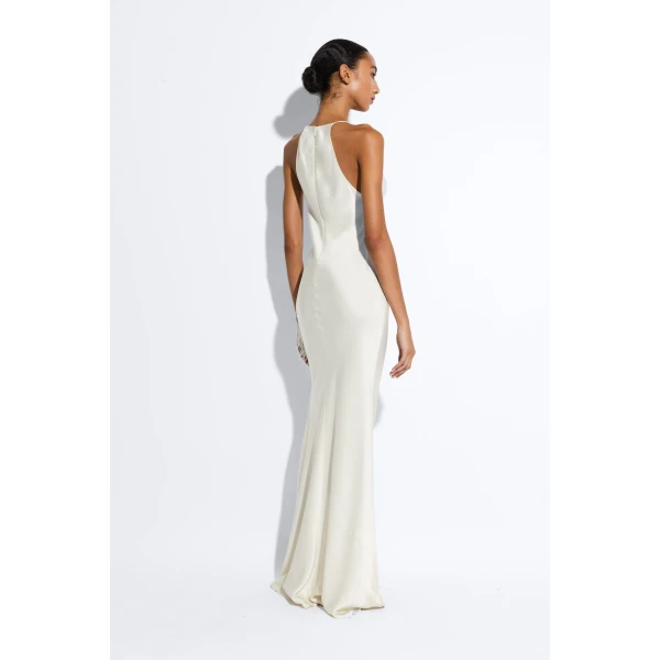 satin halter gown with feathers