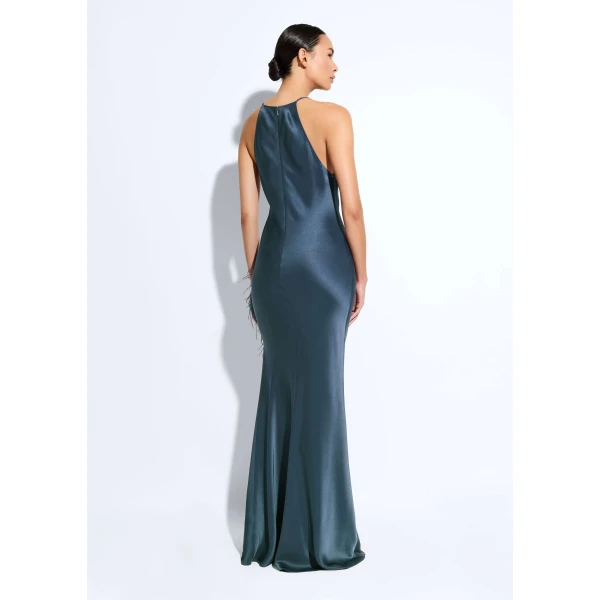 satin halter gown with feathers