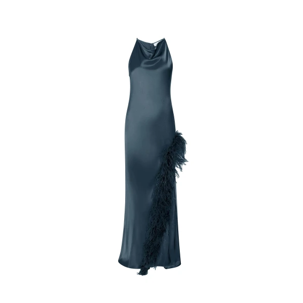 Satin Halter Gown With Feathers in Marine