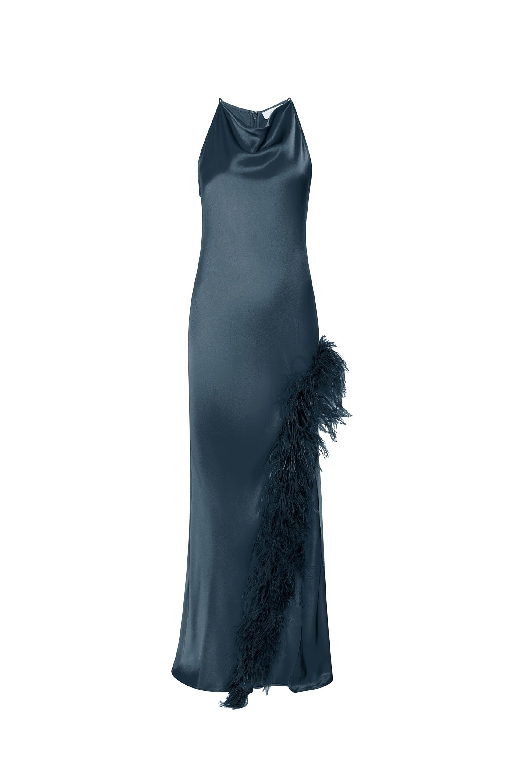 Satin Halter Gown With Feathers in Marine