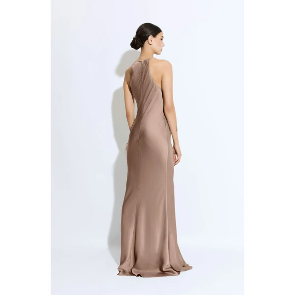 satin halter gown with feathers