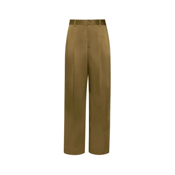 Satin Relaxed Pleated Pant in Dark Olive
