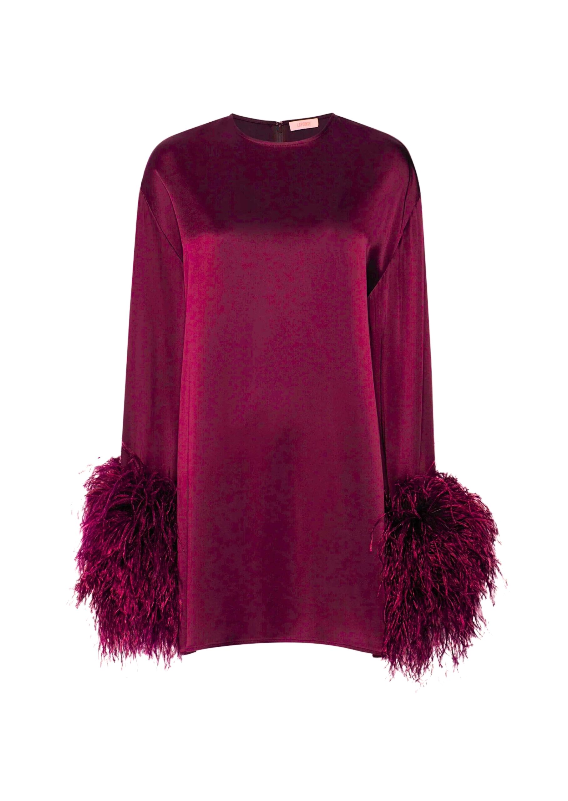 Satin Shift Dress With Feathers in Berry