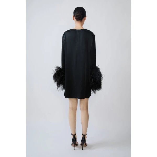 satin shift dress with feathers