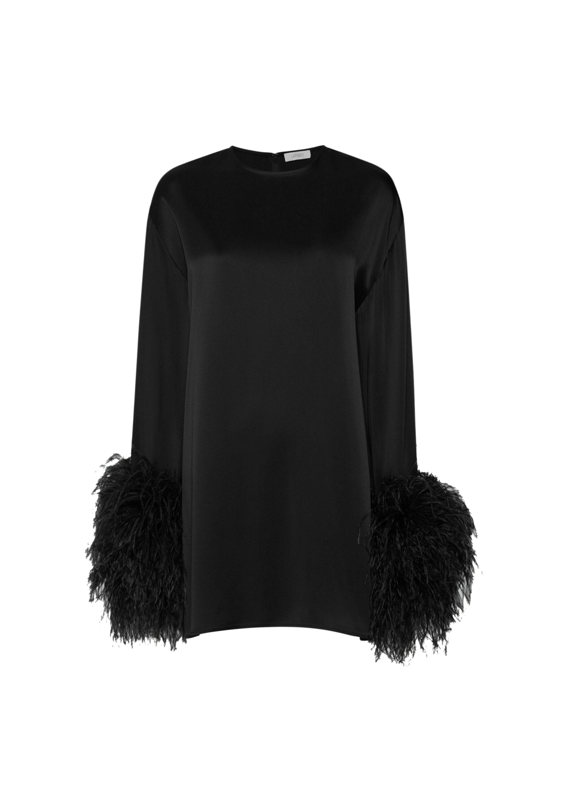 Satin Shift Dress With Feathers in Black