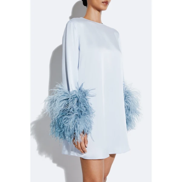 LaPointe Satin Shift Dress With Feathers in Cloud, view 2