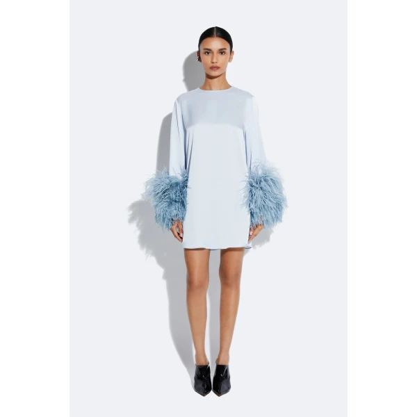 LaPointe Satin Shift Dress With Feathers in Cloud, view 3