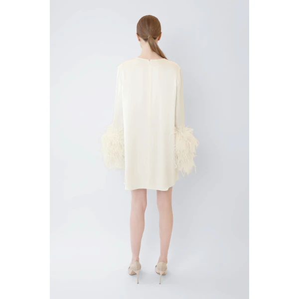 satin shift dress with feathers
