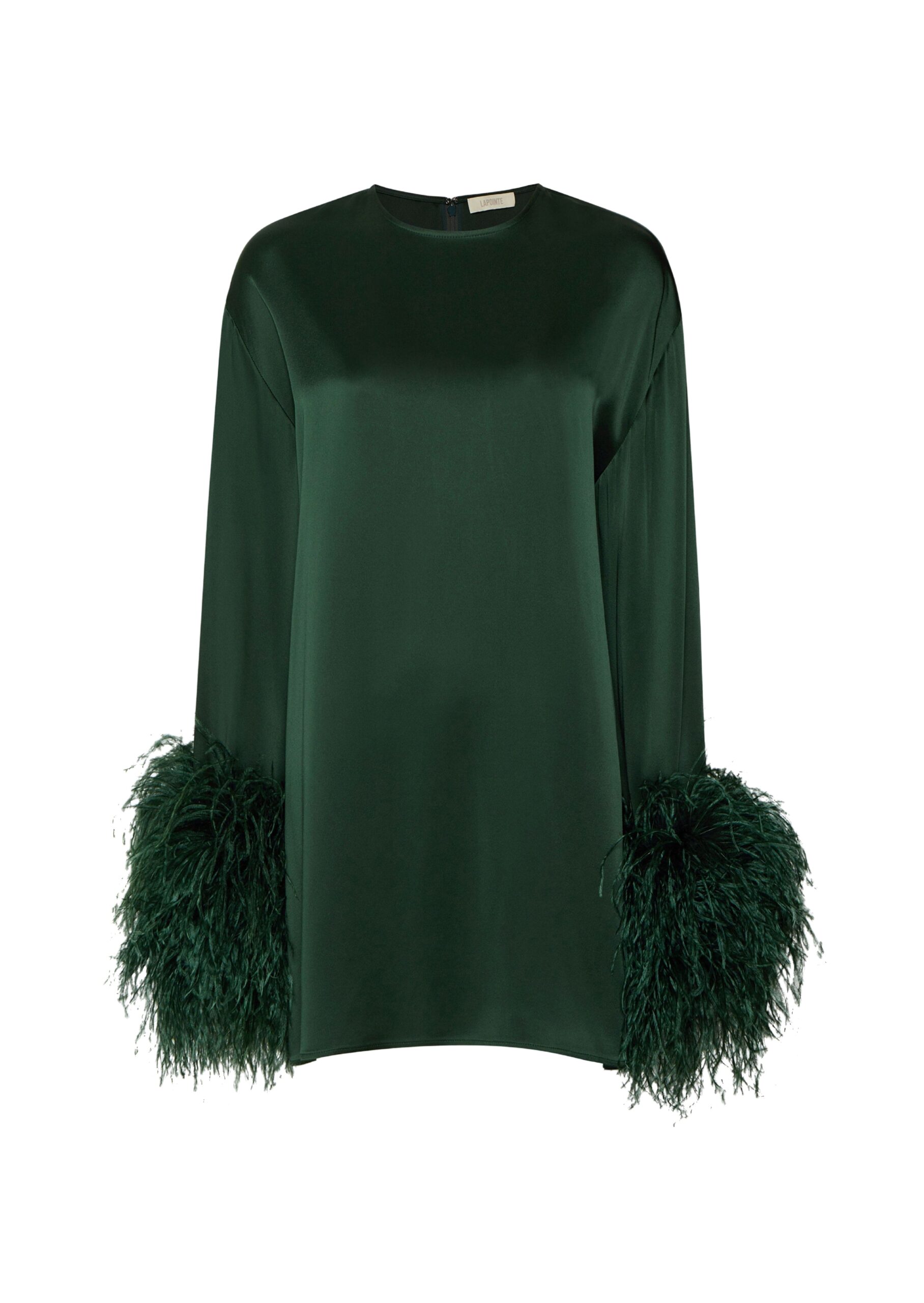 Satin Shift Dress With Feathers in Forest