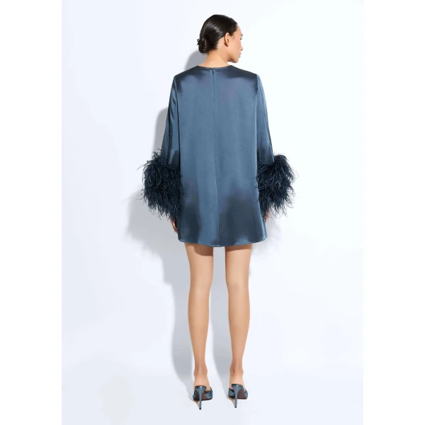 satin shift dress with feathers