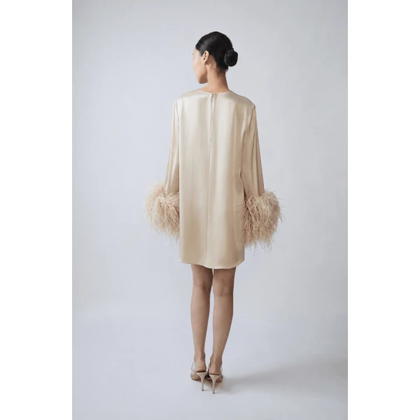 satin shift dress with feathers
