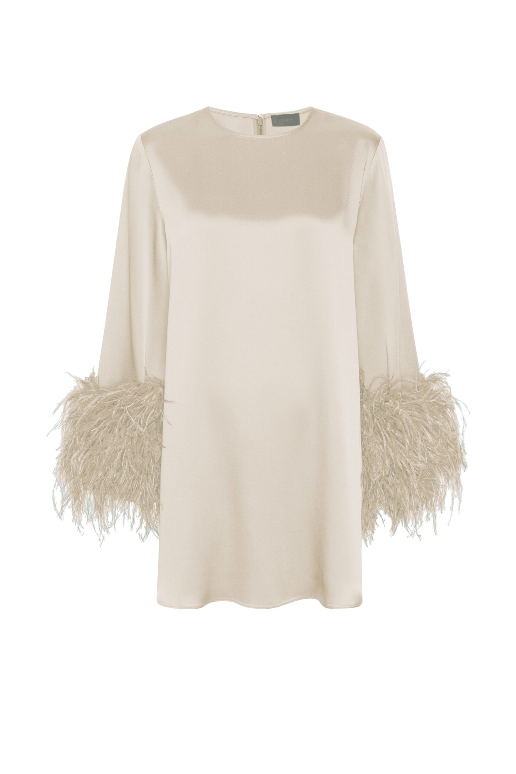 Satin Shift Dress With Feathers in Sand