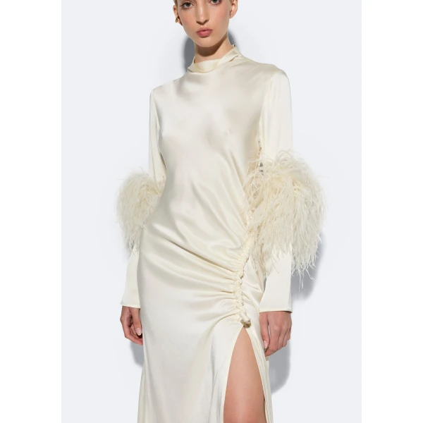satin tab gown with feathers