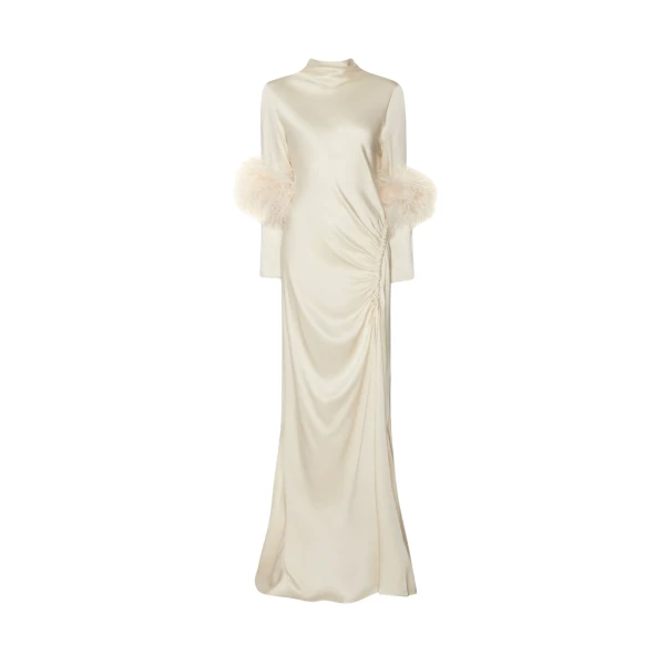 Satin Tab Gown With Feathers in Cream