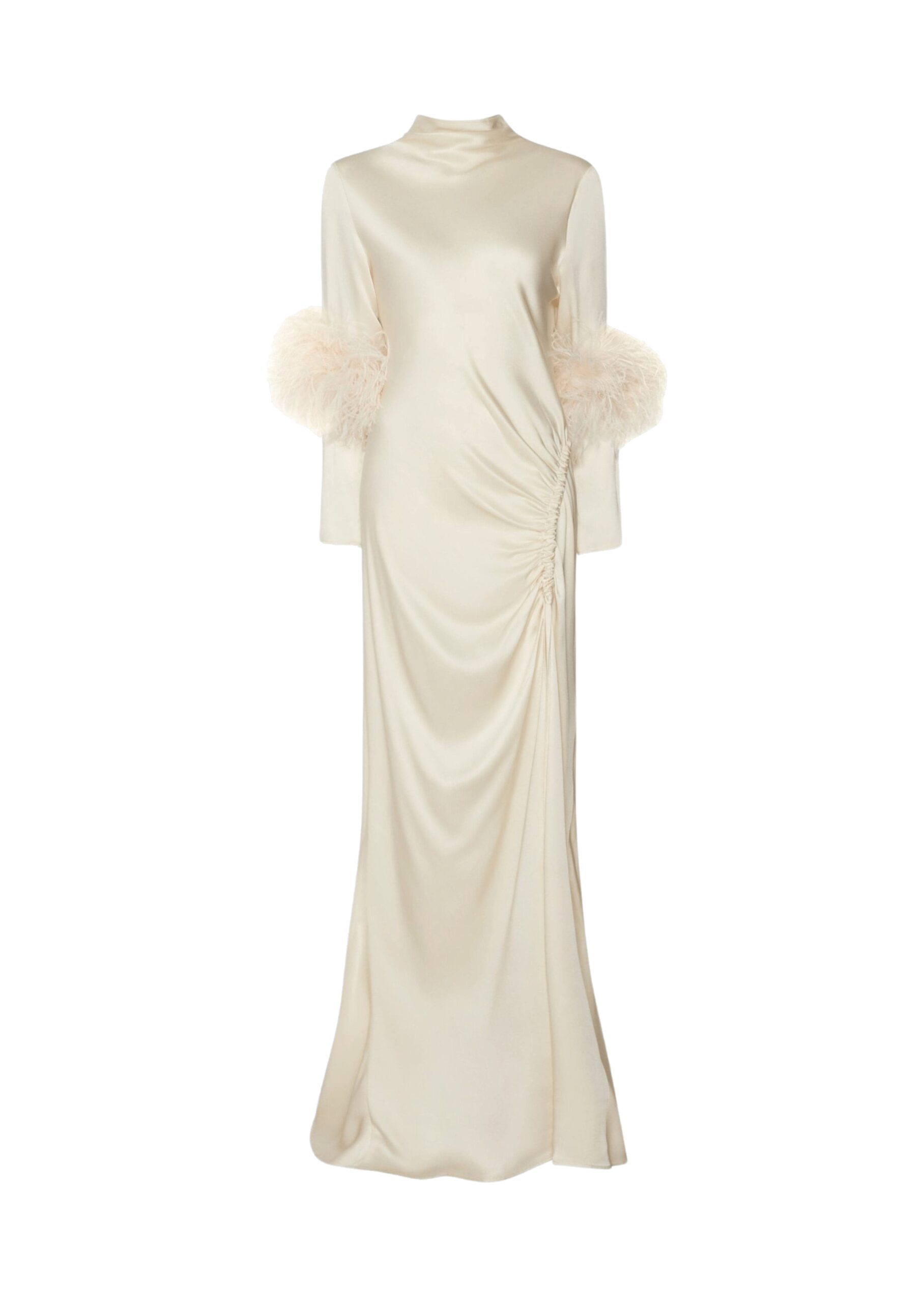 Satin Tab Gown With Feathers in Cream