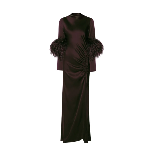 Satin Tab Gown With Feathers in Dark Brown