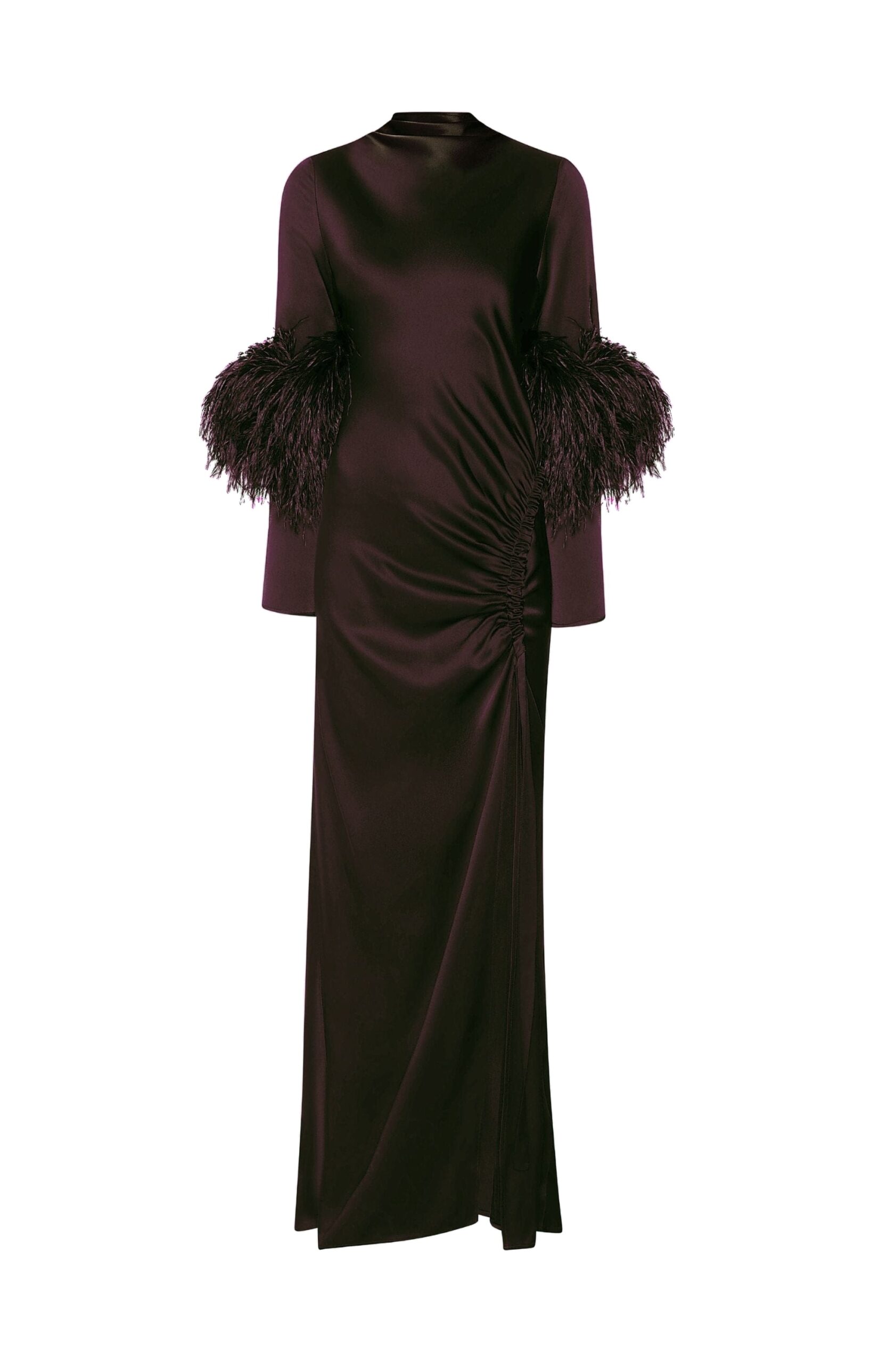 Satin Tab Gown With Feathers in Dark Brown