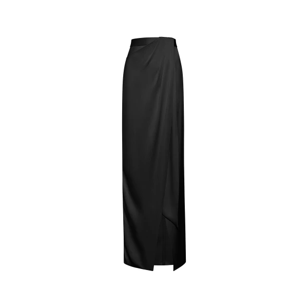 Satin Wrap Maxi Skirt in Black