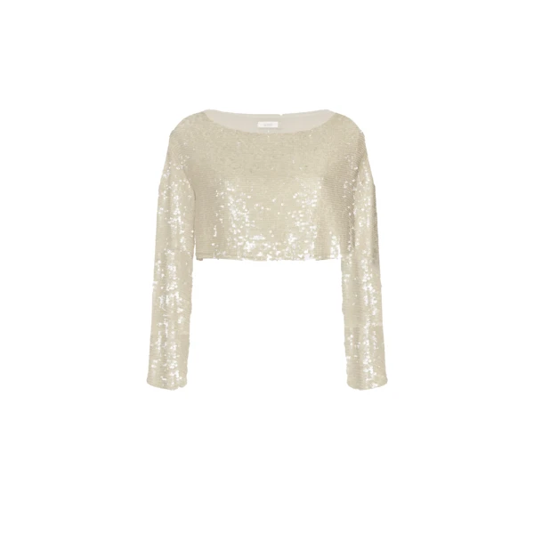 Sequin Cropped Boatneck Top in Cream