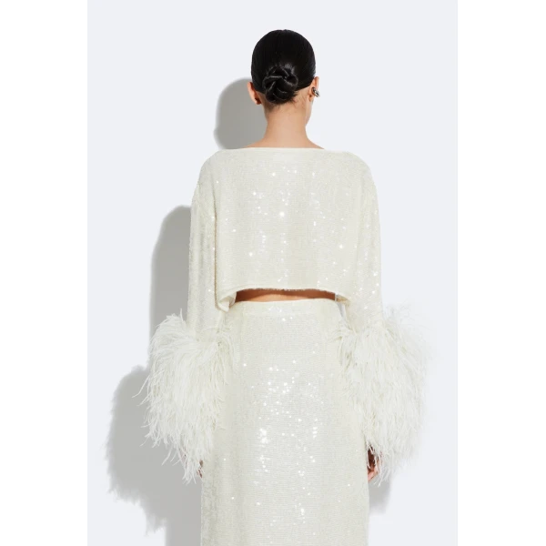 sequin cropped top with feathers
