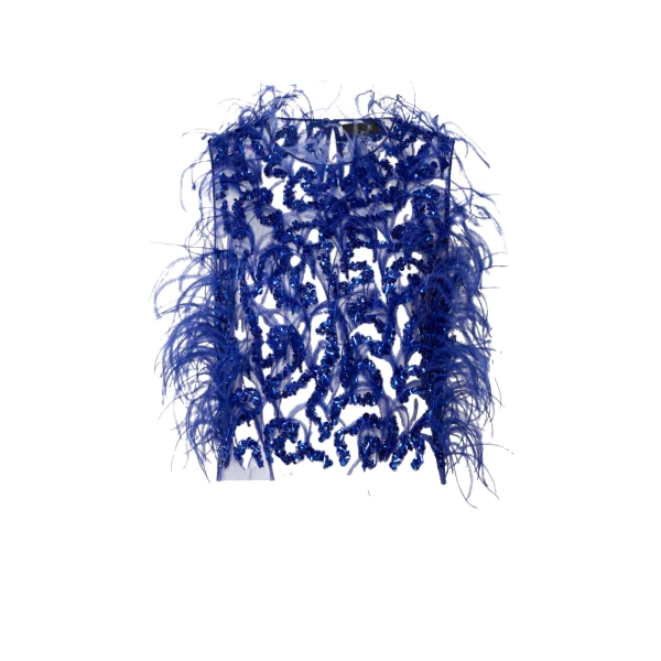 Sequin & Feather Embroidery Cropped Tank in Indigo
