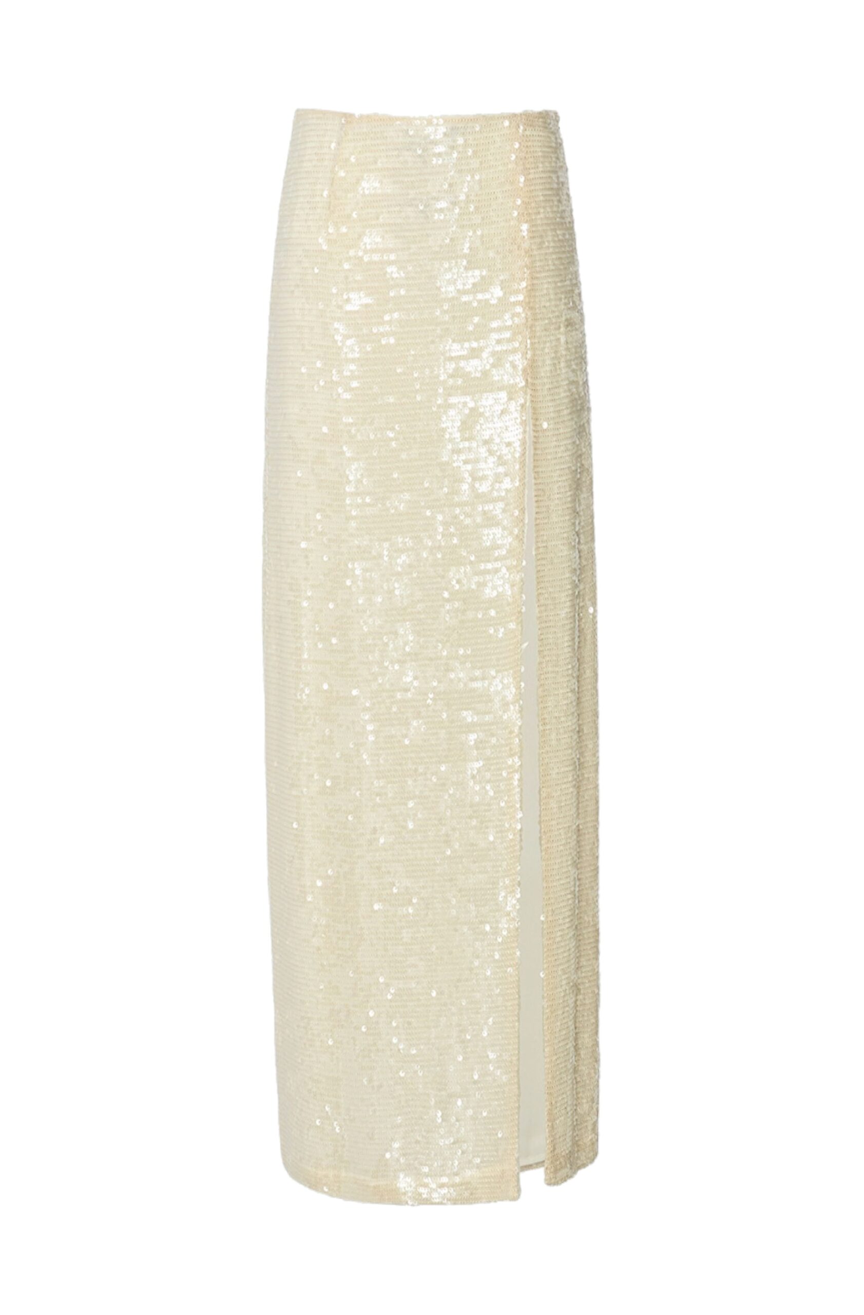 Sequin High Waist Slit Skirt in Cream