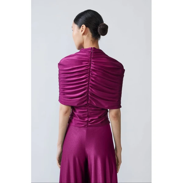 shine jersey mock neck ruched top