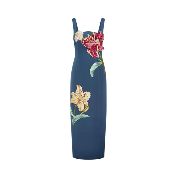 Adelina Embroidered Maxi Dress in Lily Print in Indigo