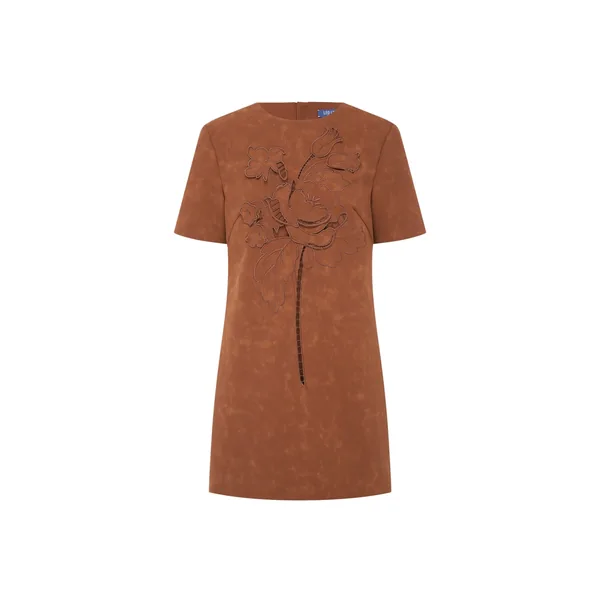 Alexa Appliqué Vegan Suede Tshirt Mini Dress in Chestnut