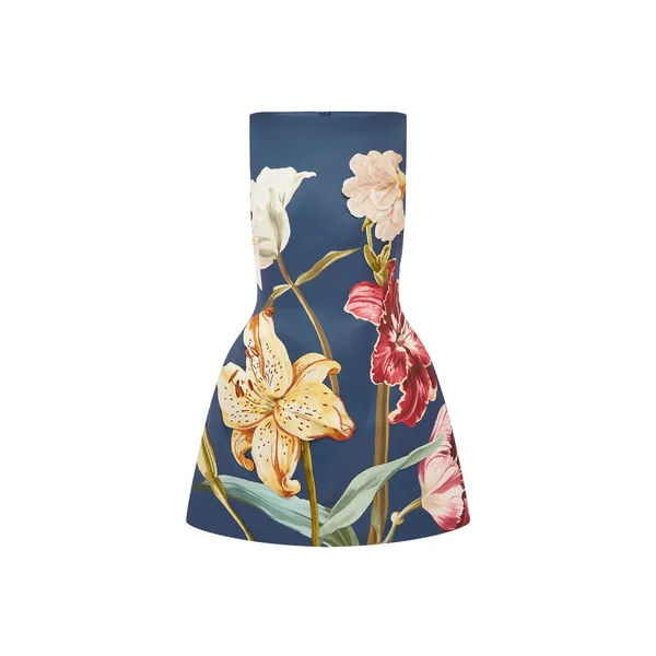 Ali Embroidered Mini Dress in Lily Print in Indigo
