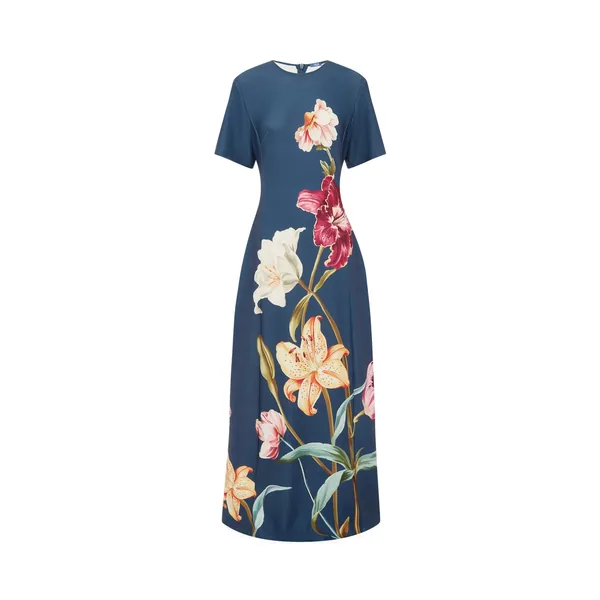 Alice Short Sleeve Maxi Dress in Lily Print in Indigo
