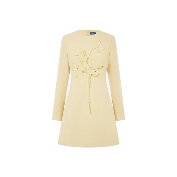 Aliza Appliqué Tweed Mini Dress in Dusty Yellow