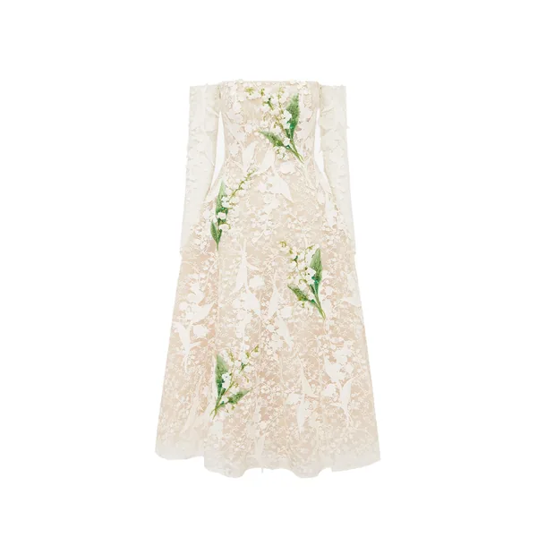 Ana Off-Shoulder Embellished Lace Bustier Midi Dress in Snow Meadow