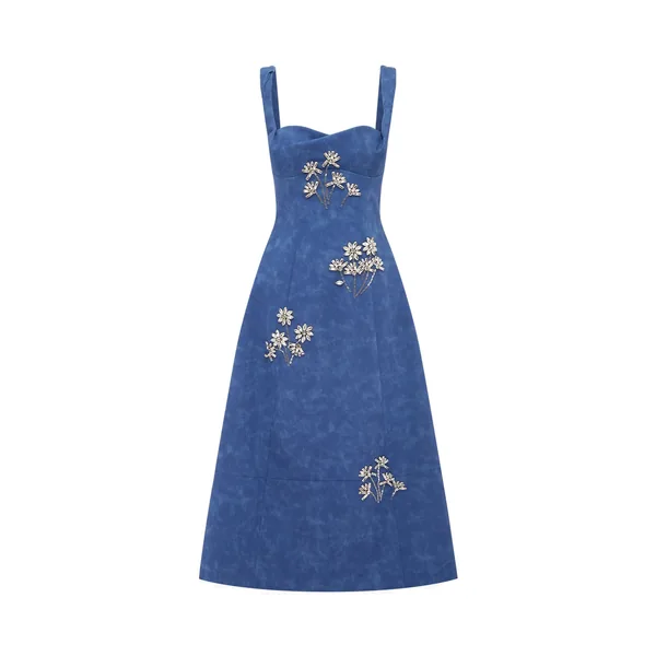 Beatrice Embellished Vegan Suede Midi Dress in Azure