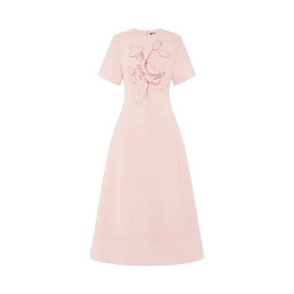 Caroline Appliqué Short Sleeve Midi Dress in Dusty Pink