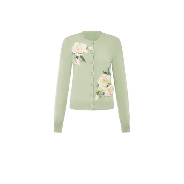 Claire Embroidered Cashmere Blend Cardigan in Pistachio Rose Print